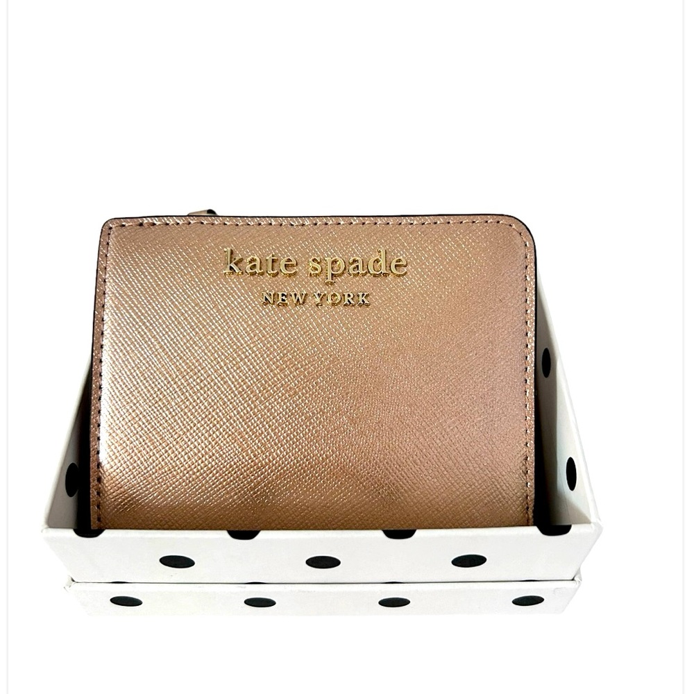 Kate Spade Zip Bifold Metallic Saffiano rose gold Cameron Wallet with gift box .